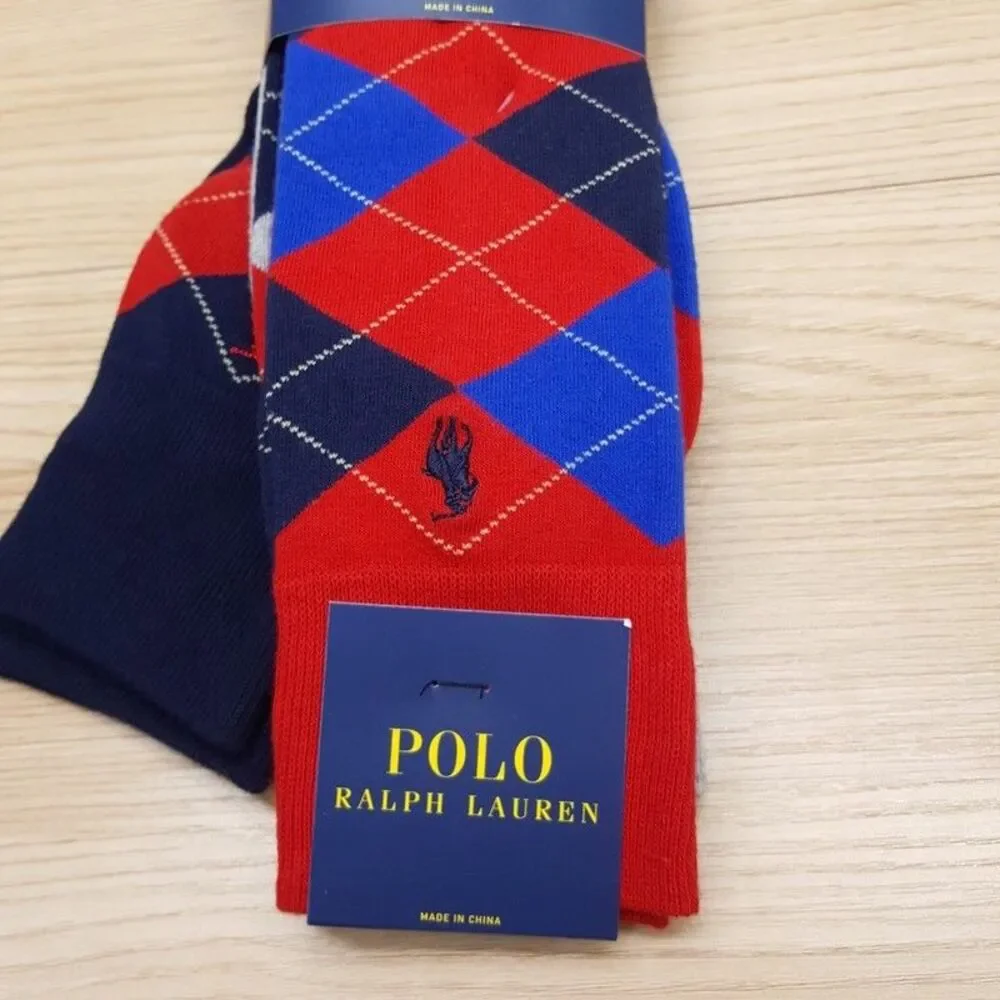 POLO RALPH LAUREN Crew Dress Socks Mens Blue Red Grey Argyle 3-Pack Cotton Blend